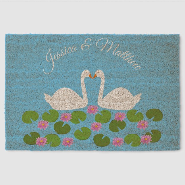 White Swans and Water lilies Wedding Custom Fiber Doormat (Front)