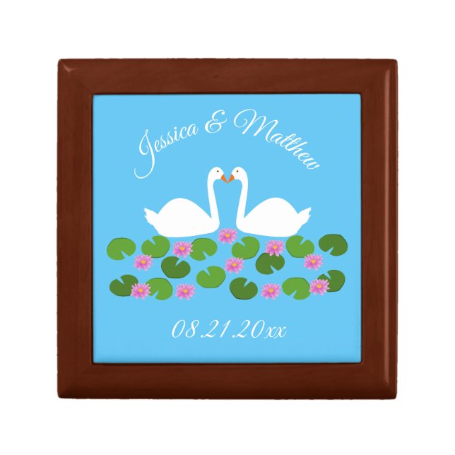 White Swans and Water lilies Wedding Custom Gift Box (Front)
