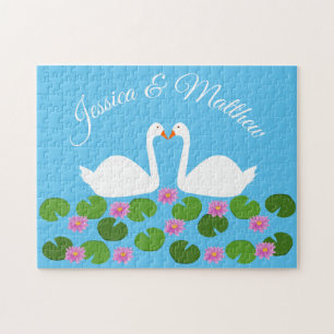 White Swans and Water lilies Wedding Custom Jigsaw Puzzle