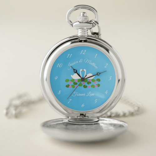 White Swans and Water lilies Wedding Custom Pocket Watch