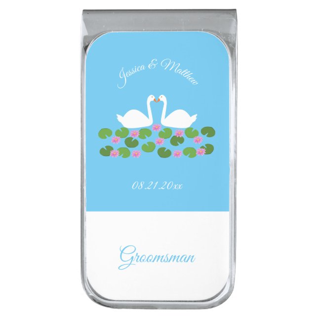 White Swans and Water lilies Wedding Custom Silver Finish Money Clip (Front Vertical)