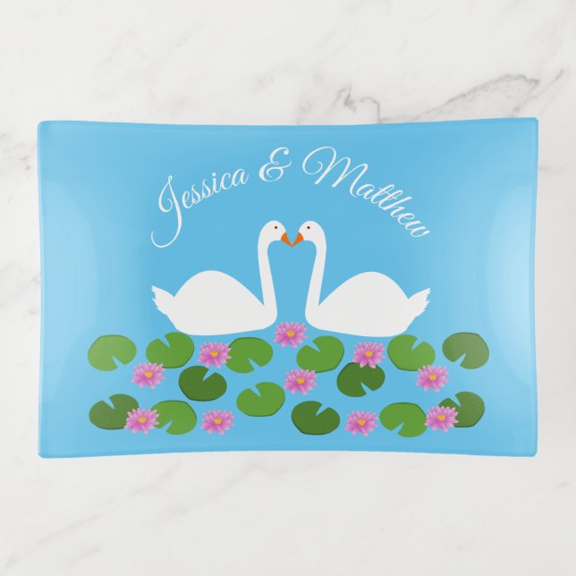White Swans and Water lilies Wedding Custom Trinket Tray (Front)