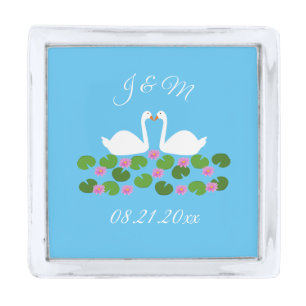 White Swans and Water lilies Wedding Monogrammed Silver Finish Lapel Pin