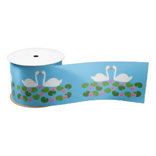 White Swans and Water lilies Wedding Patterned Satin Ribbon