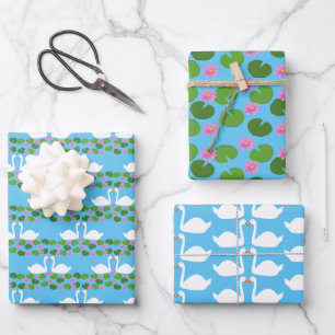 White Swans and Water lilies Wedding Patterned Wrapping Paper Sheets