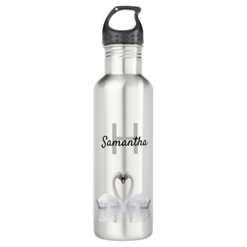 White swans birds love name monogram stainless steel water bottle