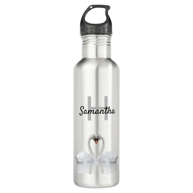 White swans birds love name monogram stainless steel water bottle (Front)