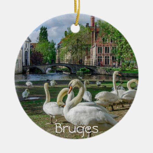 White swans in Bruges downtown Ceramic Ornament