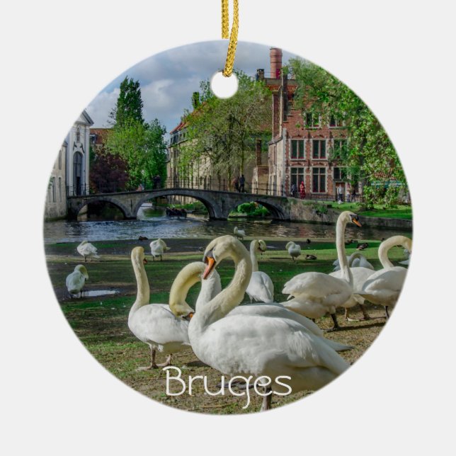 White swans in Bruges downtown Ceramic Ornament (Front)