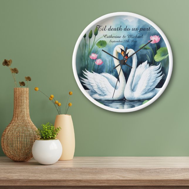 White Swans In Love Watercolor Lotus Lake Wedding Clock (Creator Uploaded)