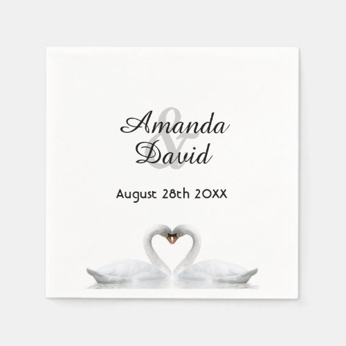 White swans in love with names wedding napkins