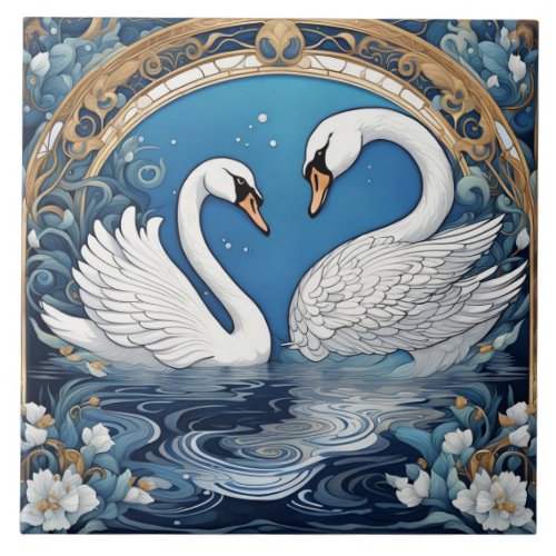White Swans on Lake Art Nouveau Bird Art Deco Blue Ceramic Tile