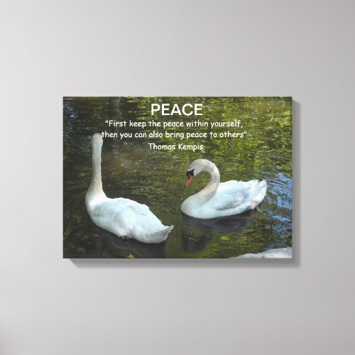 White Swans on the Water With Peace Quote Canvas Print
