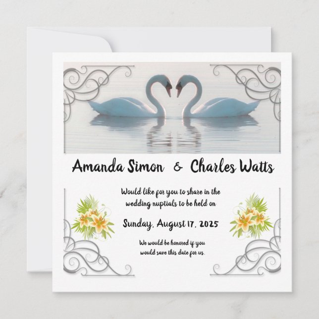 White Swans Save the Date Invitation (Front)