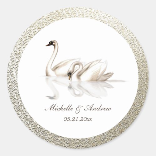 white swans textured gold monogram wedding classic round sticker