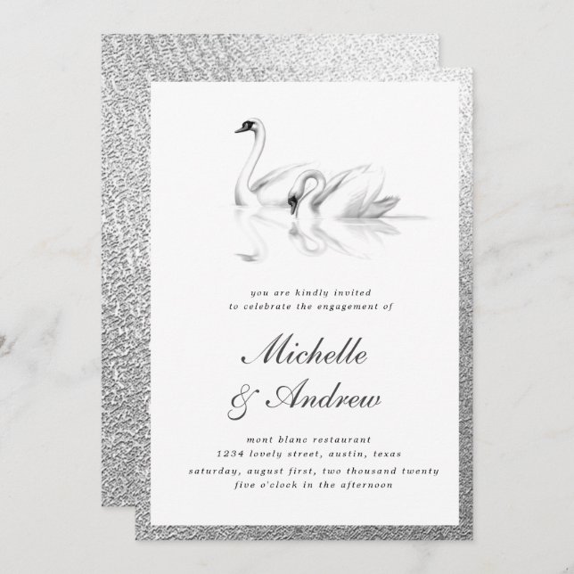 white swans textured silver engagement invitation (Front/Back)