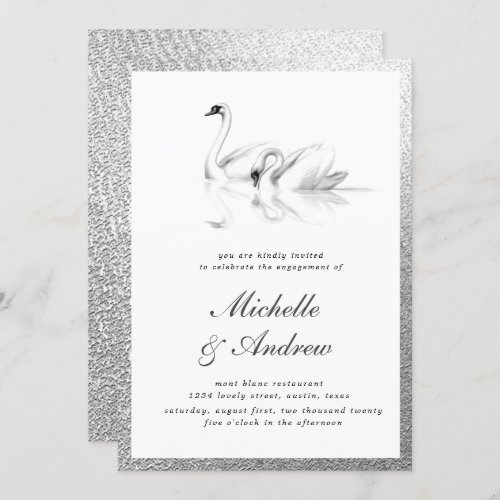 white swans textured silver engagement invitation