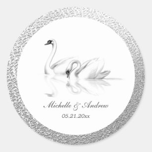 white swans textured silver monogram wedding classic round sticker