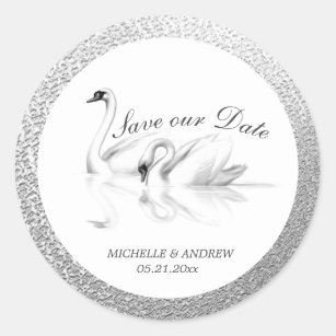 white swans textured silver save the date classic round sticker