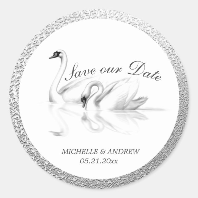 white swans textured silver save the date classic round sticker (Front)