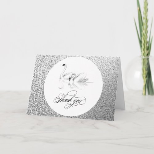 white swans textured silver thank you folded card