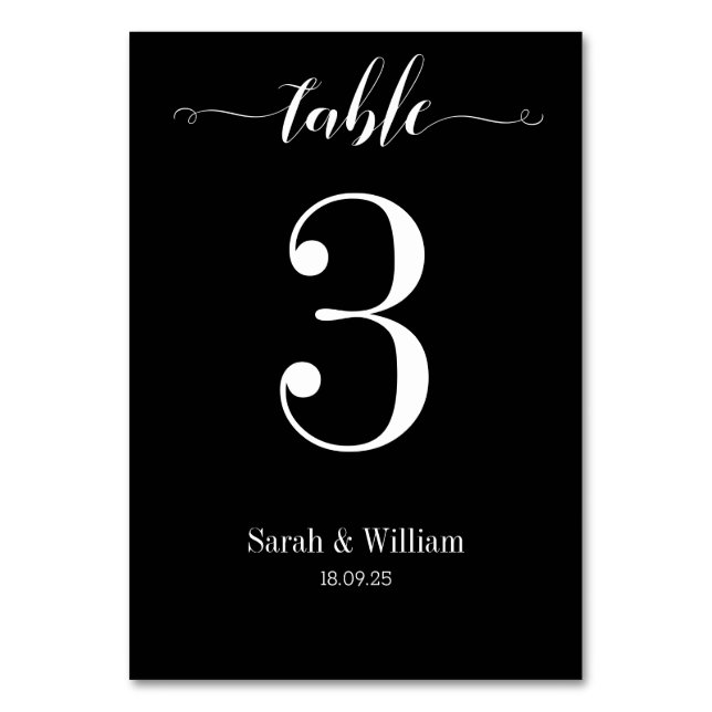 White Swash Calligraphy on Black Wedding Table Number (Front)