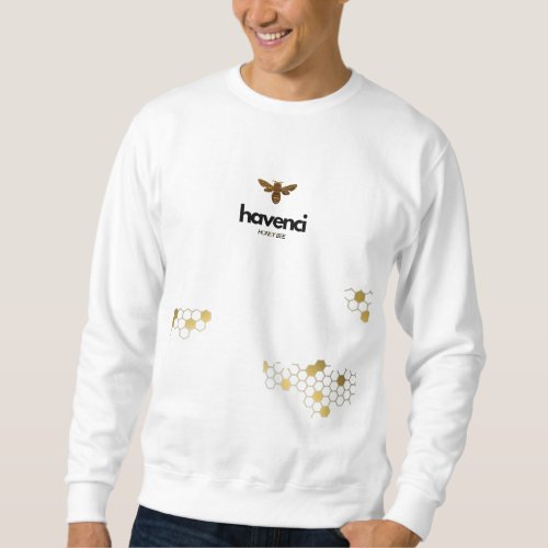 white sweatshirt and gold honey bee brand
