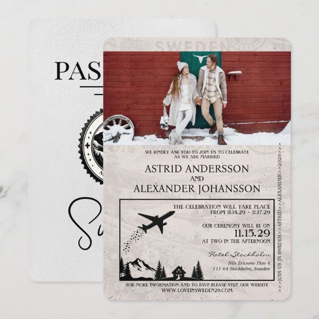 White Sweden Passport Wedding Invitation (Front/Back)