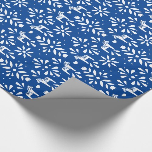 White Swedish Dala Horse Blue Holiday Gift Wrap