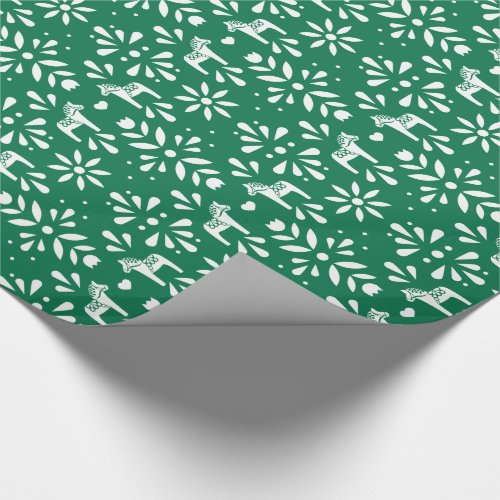 White Swedish Dala Horse Green Holiday Gift Wrap