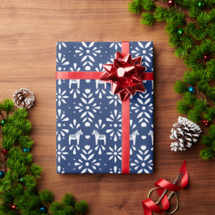 White Swedish Dala Horse on Navy Blue Holiday Wrapping Paper