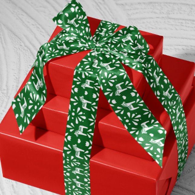 White Swedish Dala Horse Pine Green Holiday Gift Satin Ribbon (Scandinavian Swedish green and white Dala horse patterned ribbon)