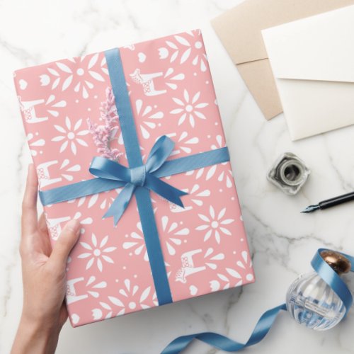 White Swedish Dala Horse Pink Holiday Gift Wrap