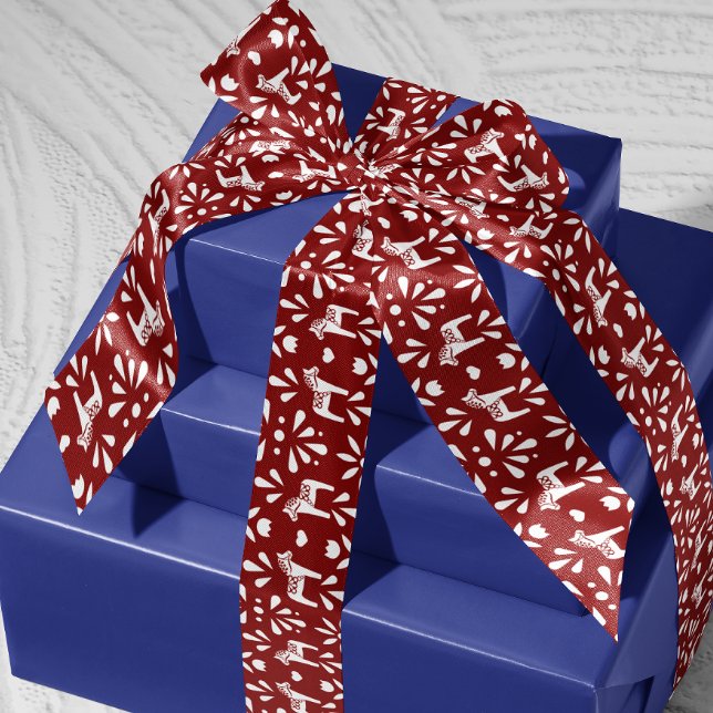 White Swedish Dala Horse Wine Red Holiday Gift Satin Ribbon (Scandinavian Swedish burgundy red and white Dala horse patterned ribbon)