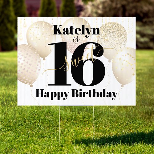 White Sweet 16 Happy Birthday Gold Balloons Yard Sign