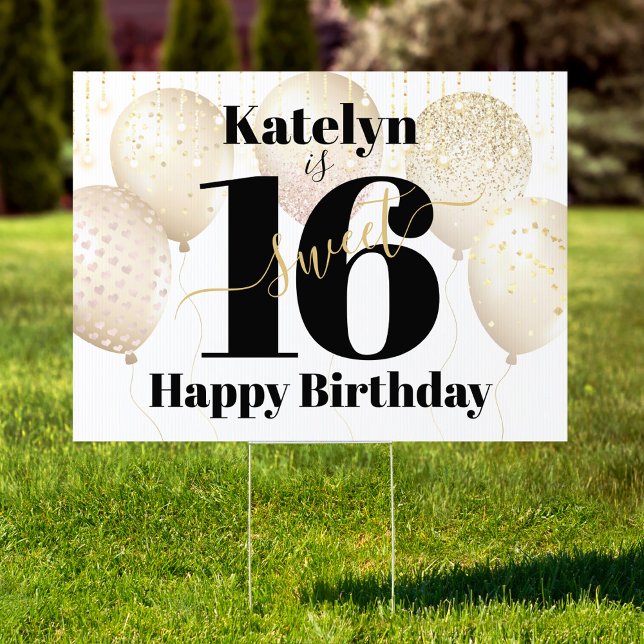 White Sweet 16 Happy Birthday Gold Balloons Yard Sign (Creator Uploaded)