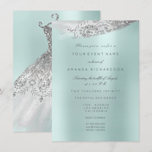 White Sweet 16th Bridal Dress Aqua Blue Invitation (Front/Back)