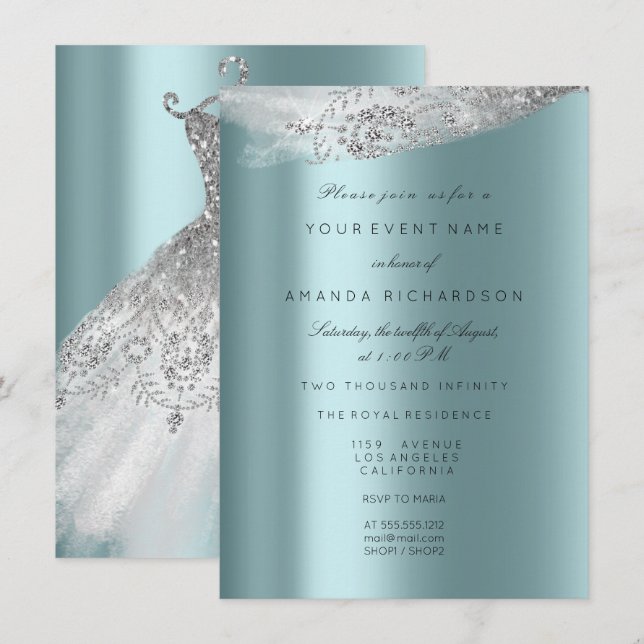 White Sweet 16th Bridal Dress Gray Aqua Diamond Invitation (Front/Back)