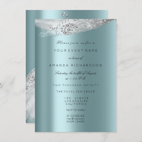 White Sweet 16th Bridal Dress Gray Aqua Diamond Invitation