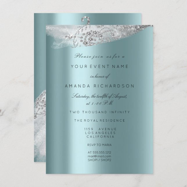 White Sweet 16th Bridal Dress Gray Aqua Diamond Invitation (Front/Back)