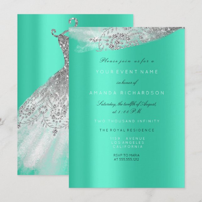 White Sweet 16th Bridal Dress Gray Mint Diamond Invitation (Front/Back)