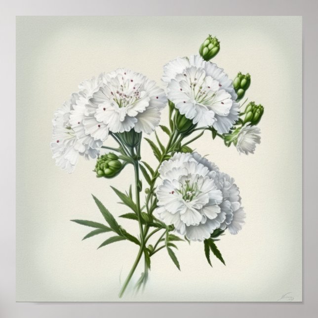 White Sweet William Flower Art Print Poster (Front)