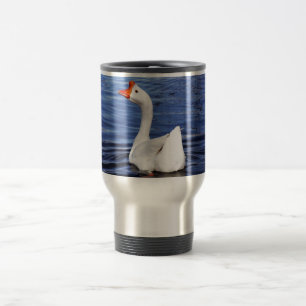 white swimming goose in blue water travel mug