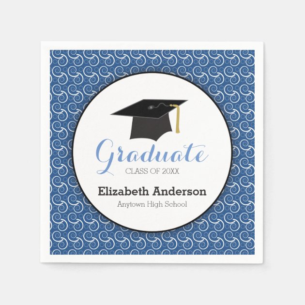 White Swirl On Blue, Personalized Graduation Napkin