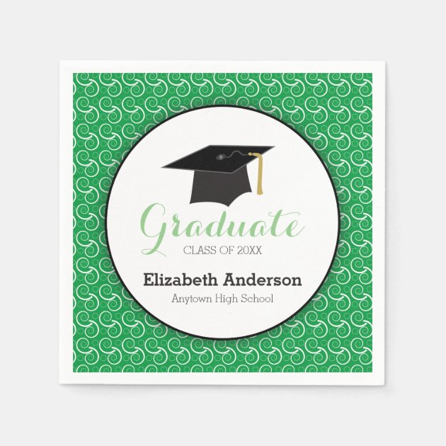 White Swirl On Green, Personalized Graduation Napkin