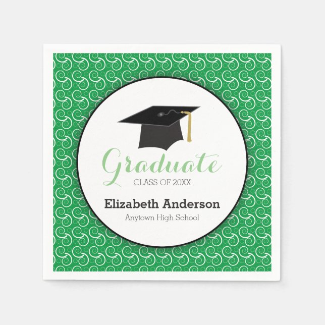 White Swirl on Green, Personalized Graduation Napkins (Front)