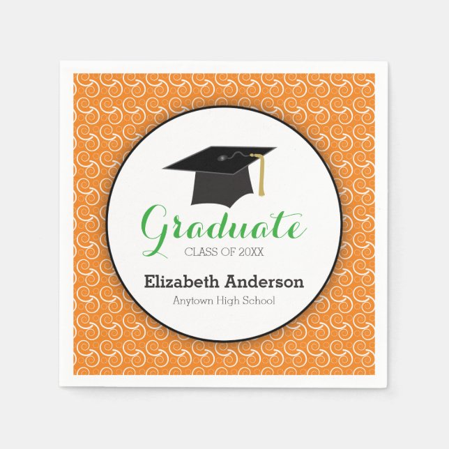 White Swirl on Orange, Personalized Graduation Paper Napkins (Front)