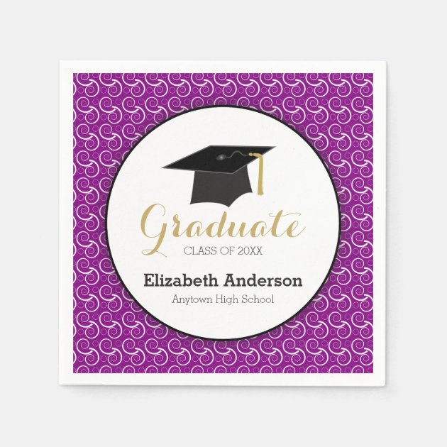 White Swirl On Purple, Personalized Graduation Napkin