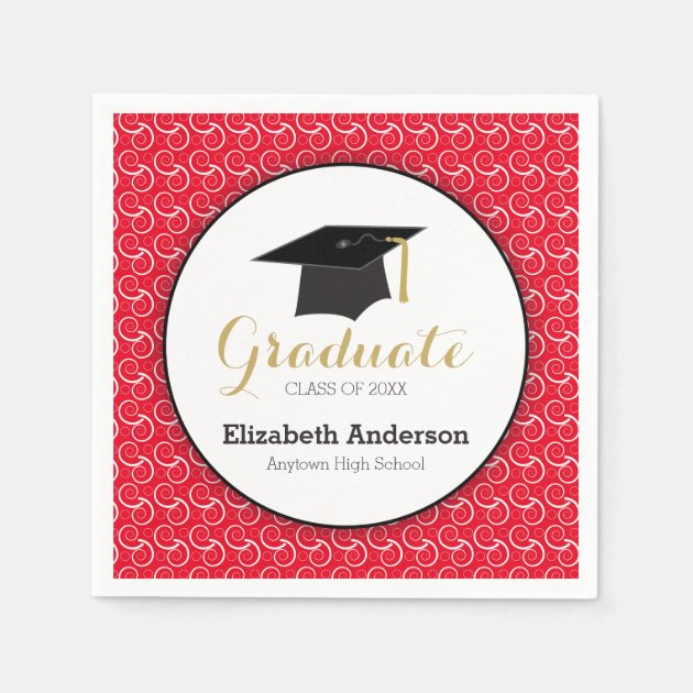 White Swirl On Red, Personalized Graduation Paper Napkin