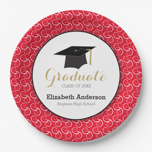 White Swirl On Red, Personalized Graduation Paper Plate